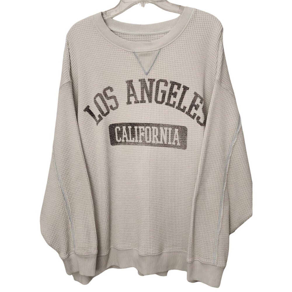 aerie Waffle-Knit 'Los Angeles California' Crewneck Sweatshirt in Light Beige